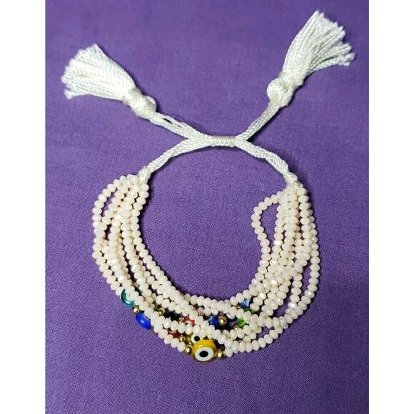 Light Pink Iridescent & Multicolor Evil Eye Multistrand Bead Bracelet Adjustable - Picture 6 of 8